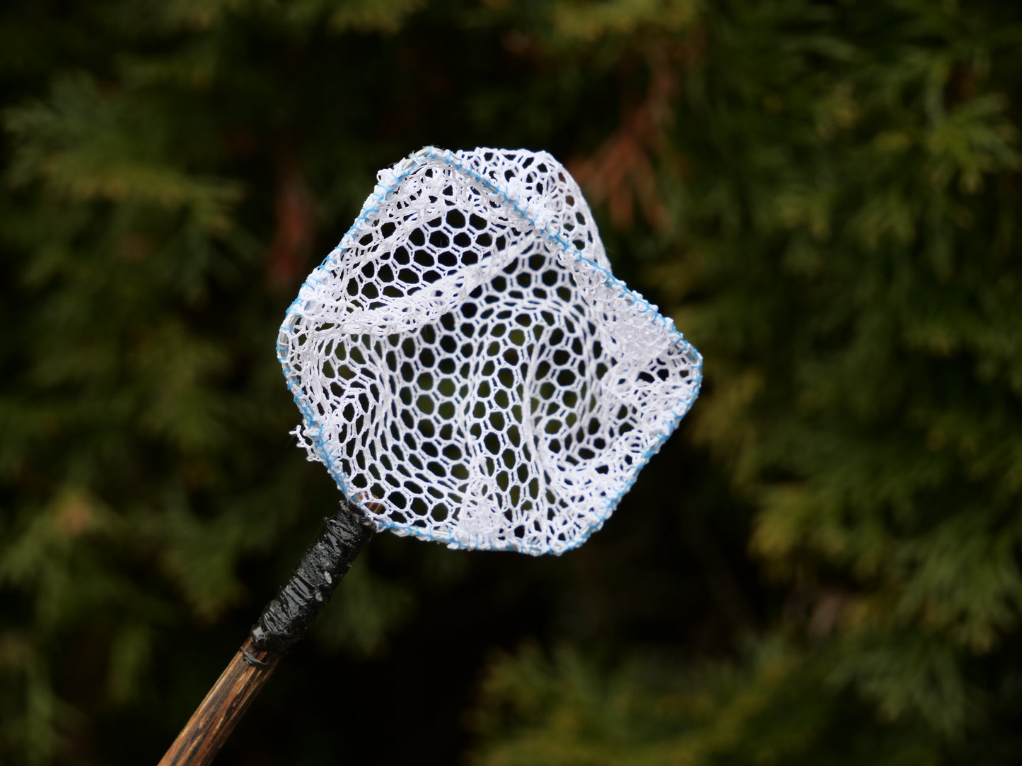 Detailansicht eines Keschers mit grobem Netz und Holzgriff, perfekt zum Entfernen von Schmutzpartikeln aus Miniteichen und kleinen Wasserstellen