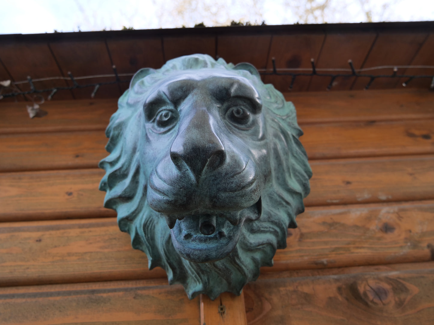 Edler Löwenkopf-Wasserspeier aus Messing, für stilvolle Gartengestaltung und Brunnenanlagen.